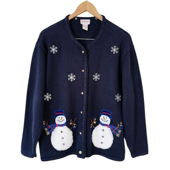 VTG Crystal Kobe Christmas Holiday Cardigan Sweater Sz XL Snowflake 3D Snowman - Picture 1 of 6
